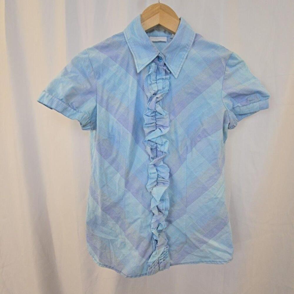 New York & Company Blouse Womens Medium Blue Plaid Ruffle Button Front Top